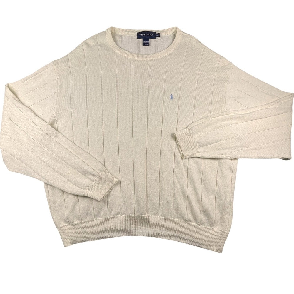 Polo Golf Ralph Lauren Sweater Mens XXL Cream White Ribbed Cotton Crewneck USA